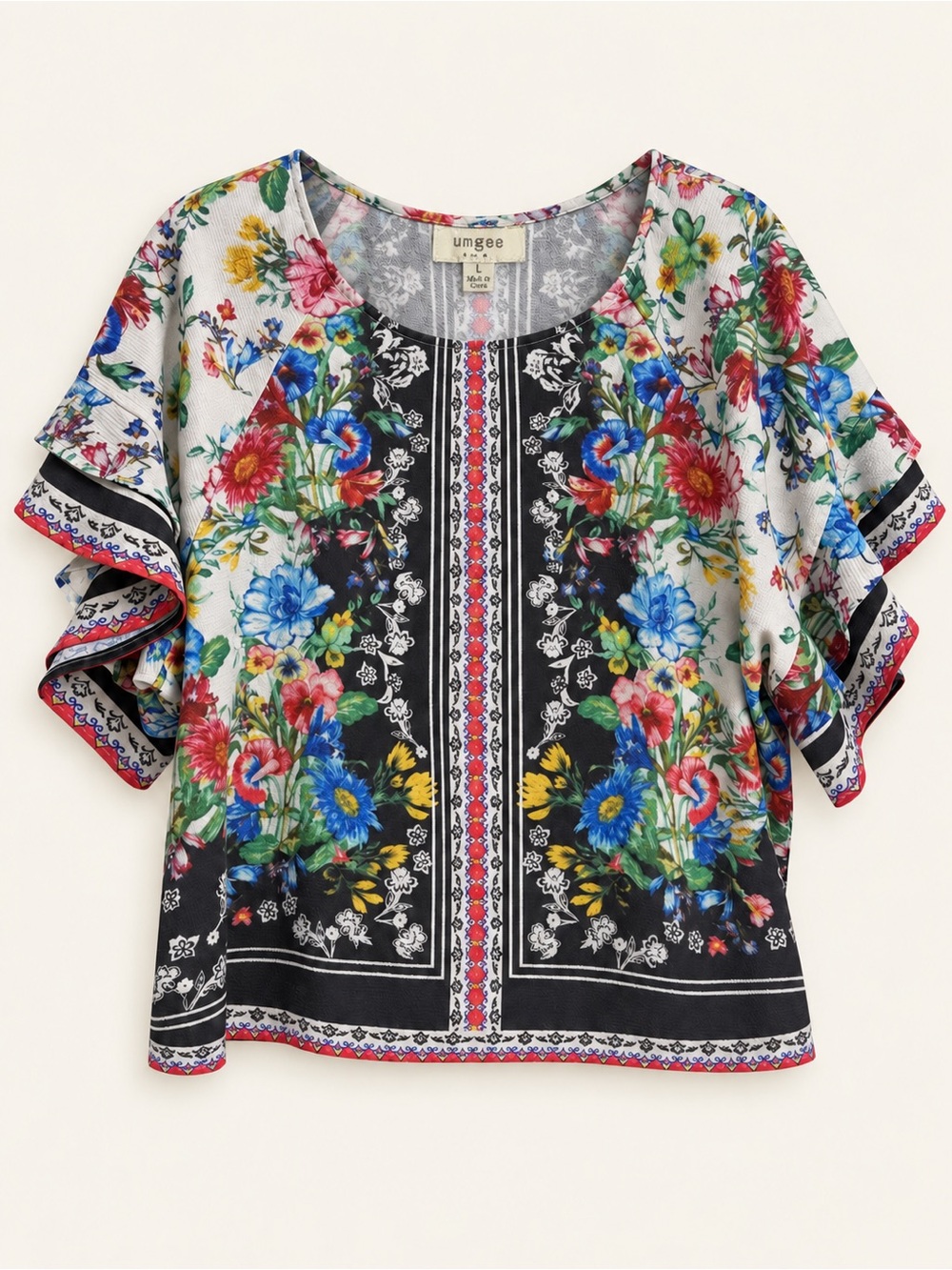 Umgee Floral Border Print Ruffle Sleeve Boho Top Size L